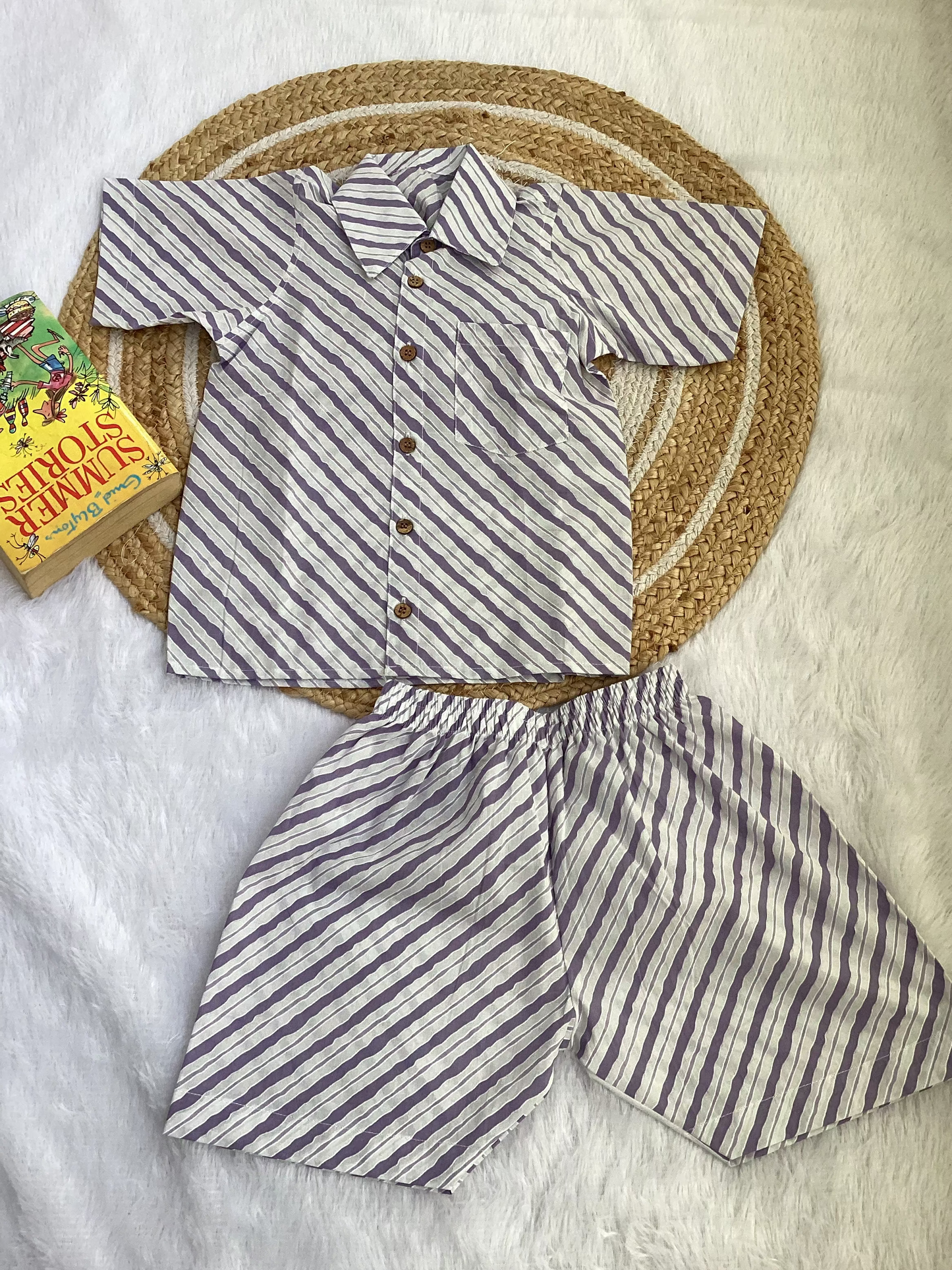 Lavender Stripe Boy Cotton Shirt & Shorts Set