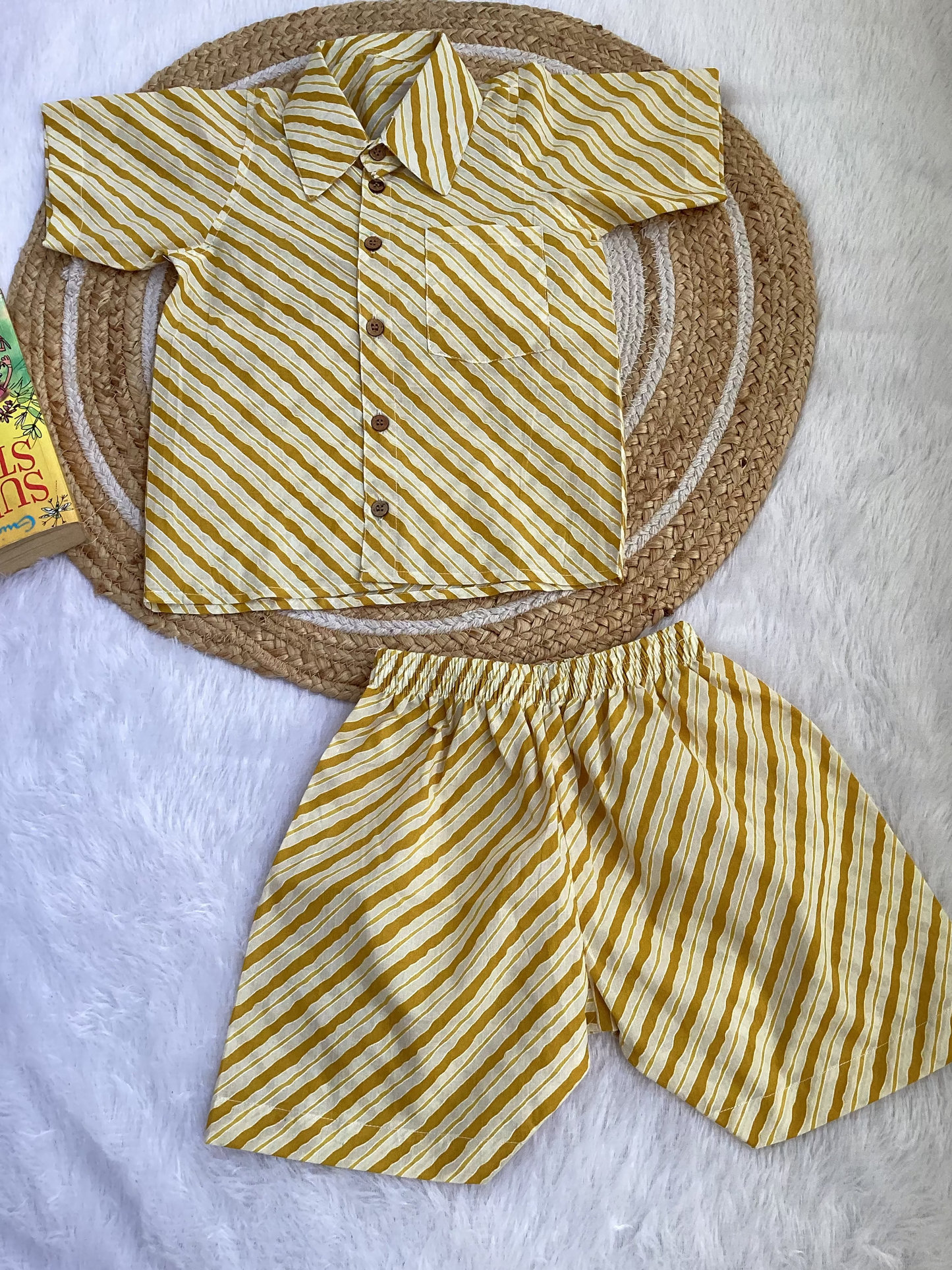Yellow Stripe Boy Cotton Shirt & Shorts Set