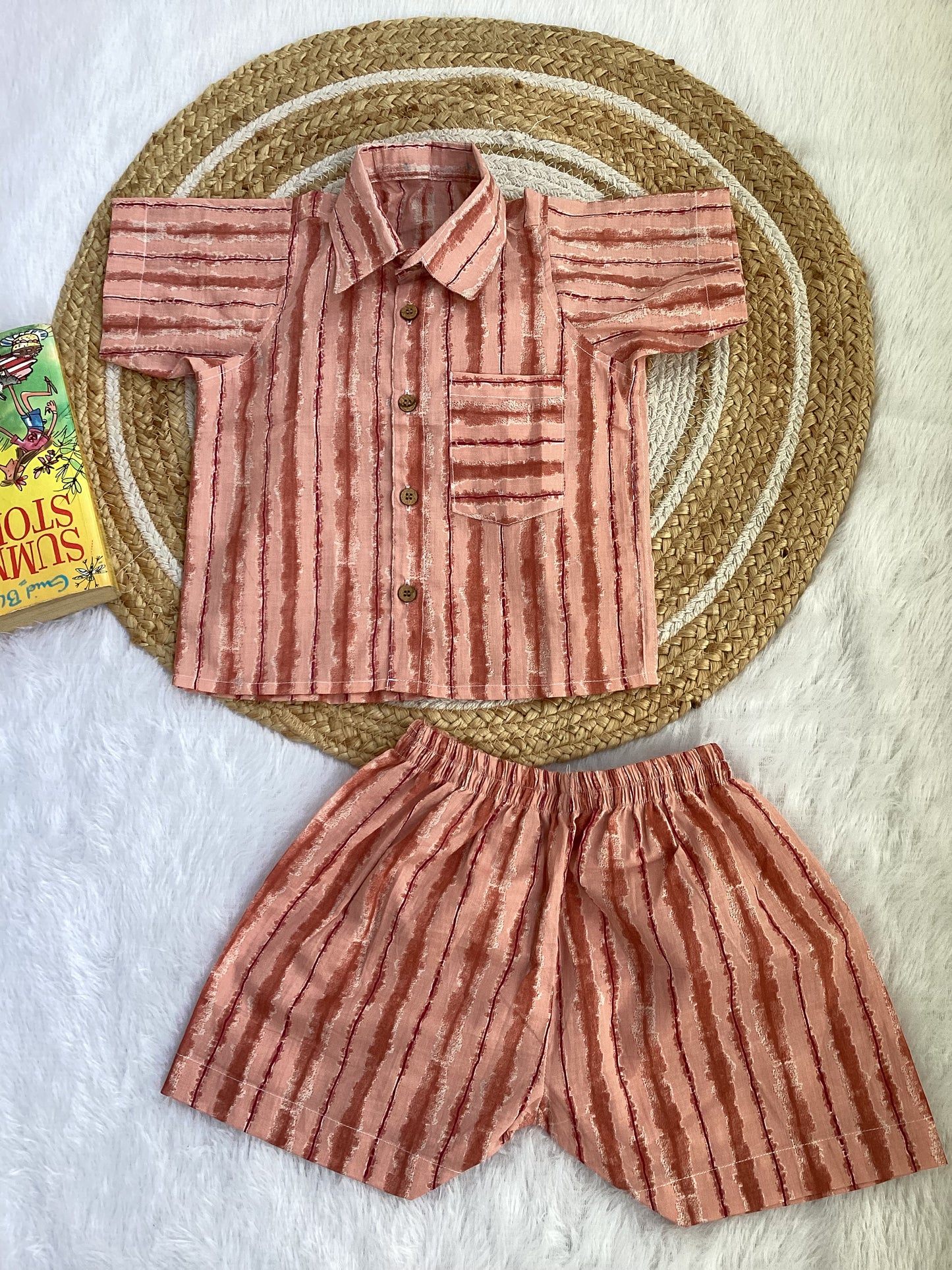 Rust Stripe Boy Cotton Shirt & Shorts Set