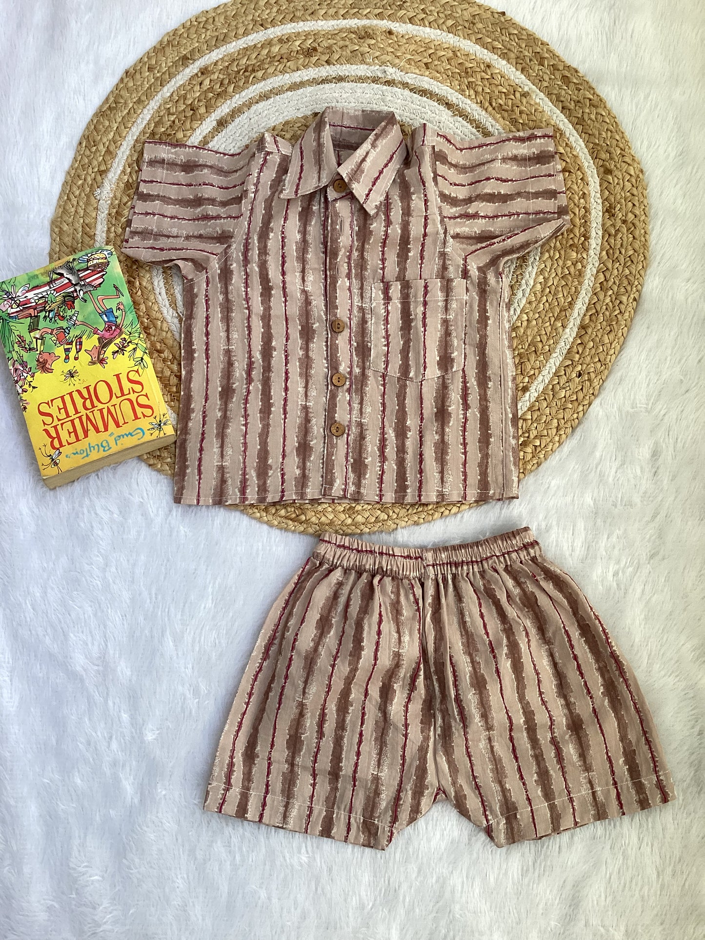 Beige Stripe Boy Cotton Shirt & Shorts Set