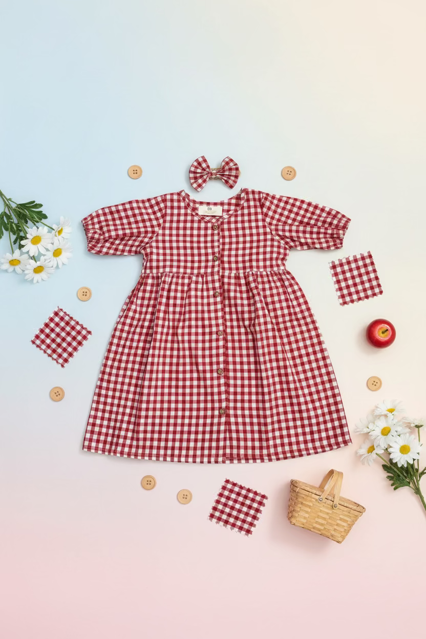Classic Red Gingham Mul Cotton Frock with Matching Bow