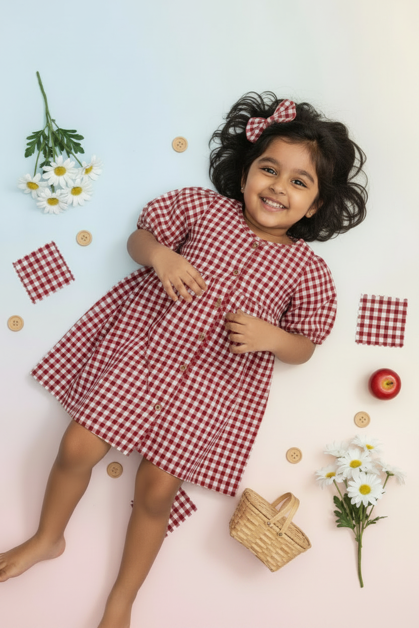 Classic Red Gingham Mul Cotton Frock with Matching Bow
