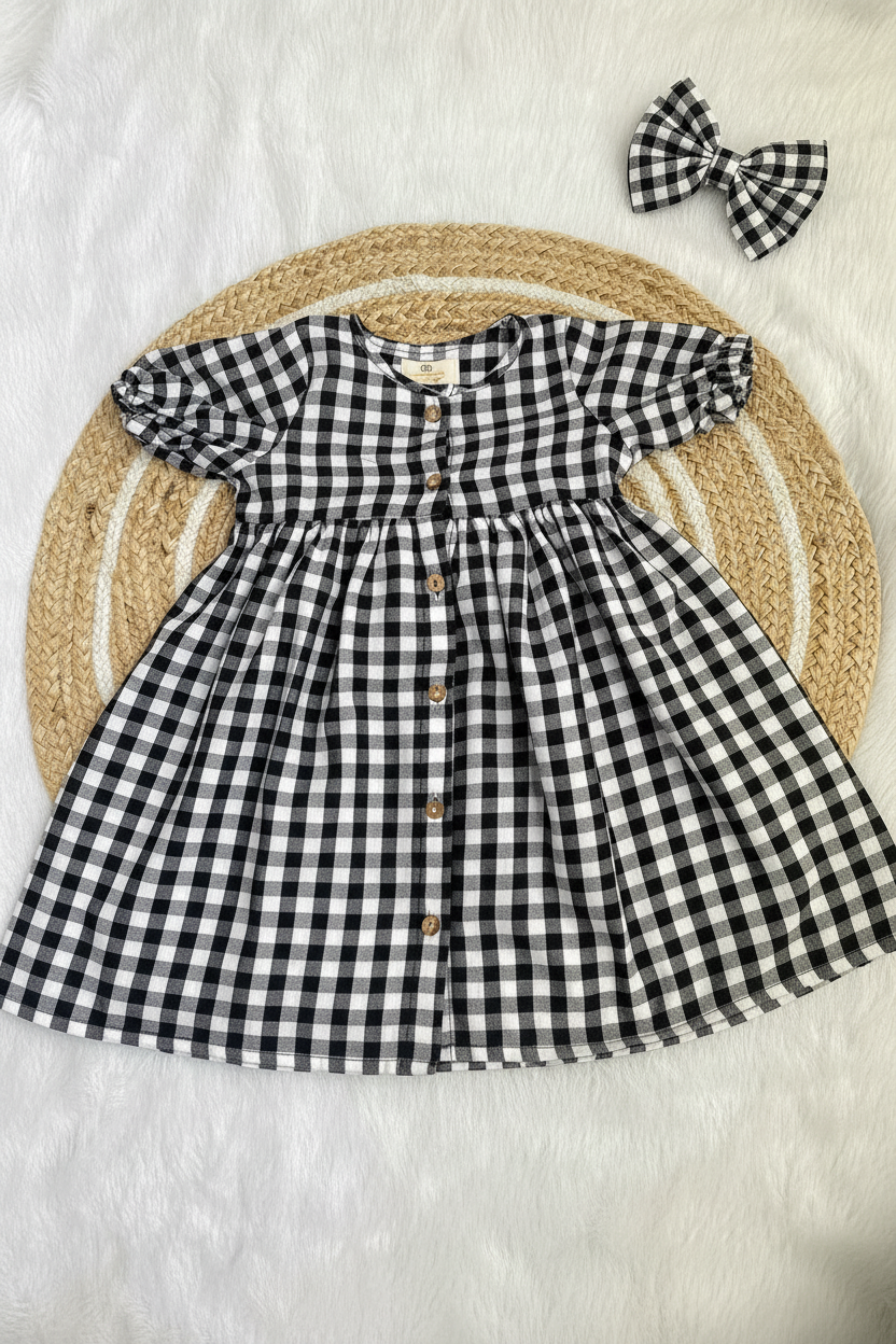 Classic Black Gingham Mul Cotton Frock with Matching Bow