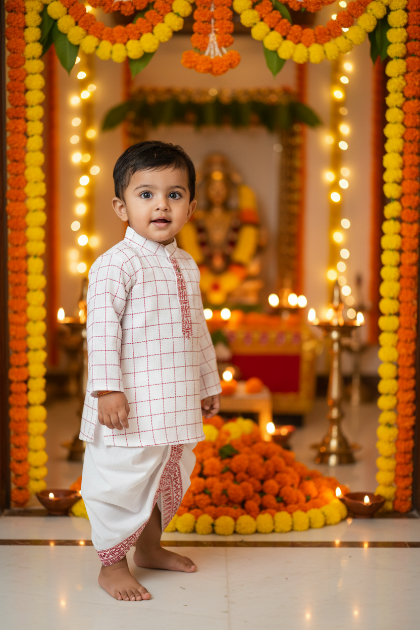 White With Red checks Festive Kurta & Dhoti Set for Boys | 100% Pure Cotton
