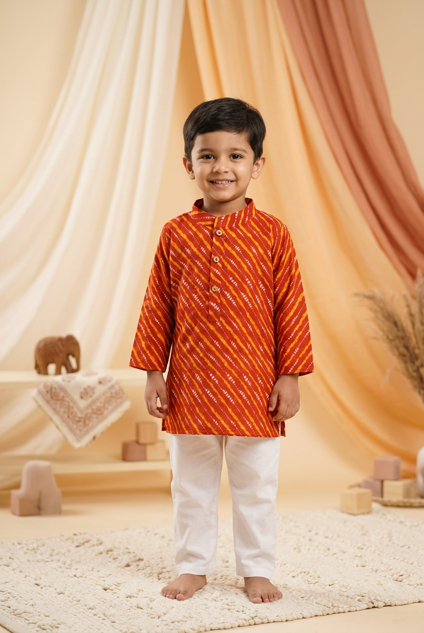 Diwali Traditional Red Lehriya Festive Kurta & pant Set for Boys | 100% Pure Cotton