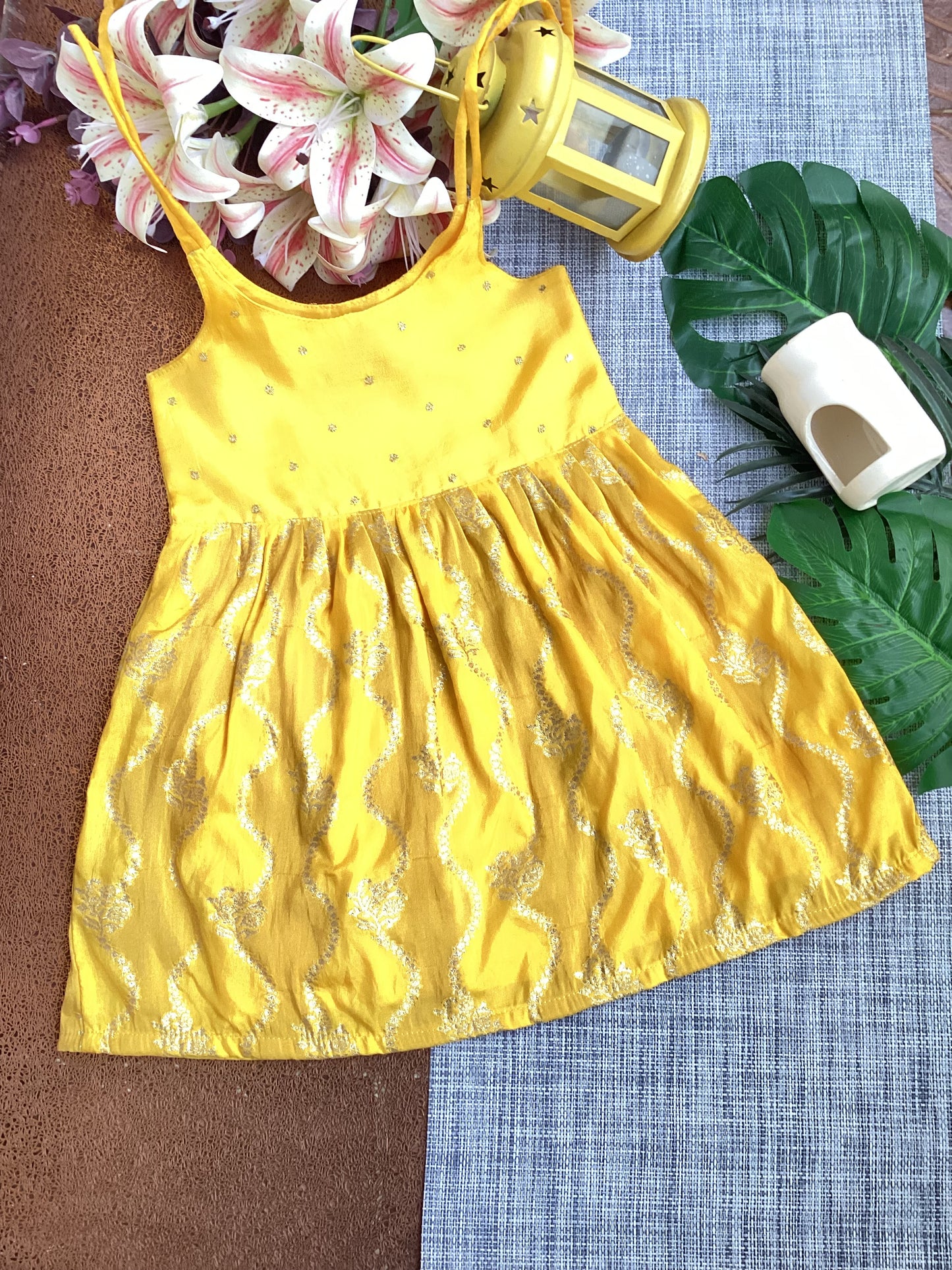 Yellow Banarasi Silk Frock(Lemon yellow body) - Perfect Traditional Wear