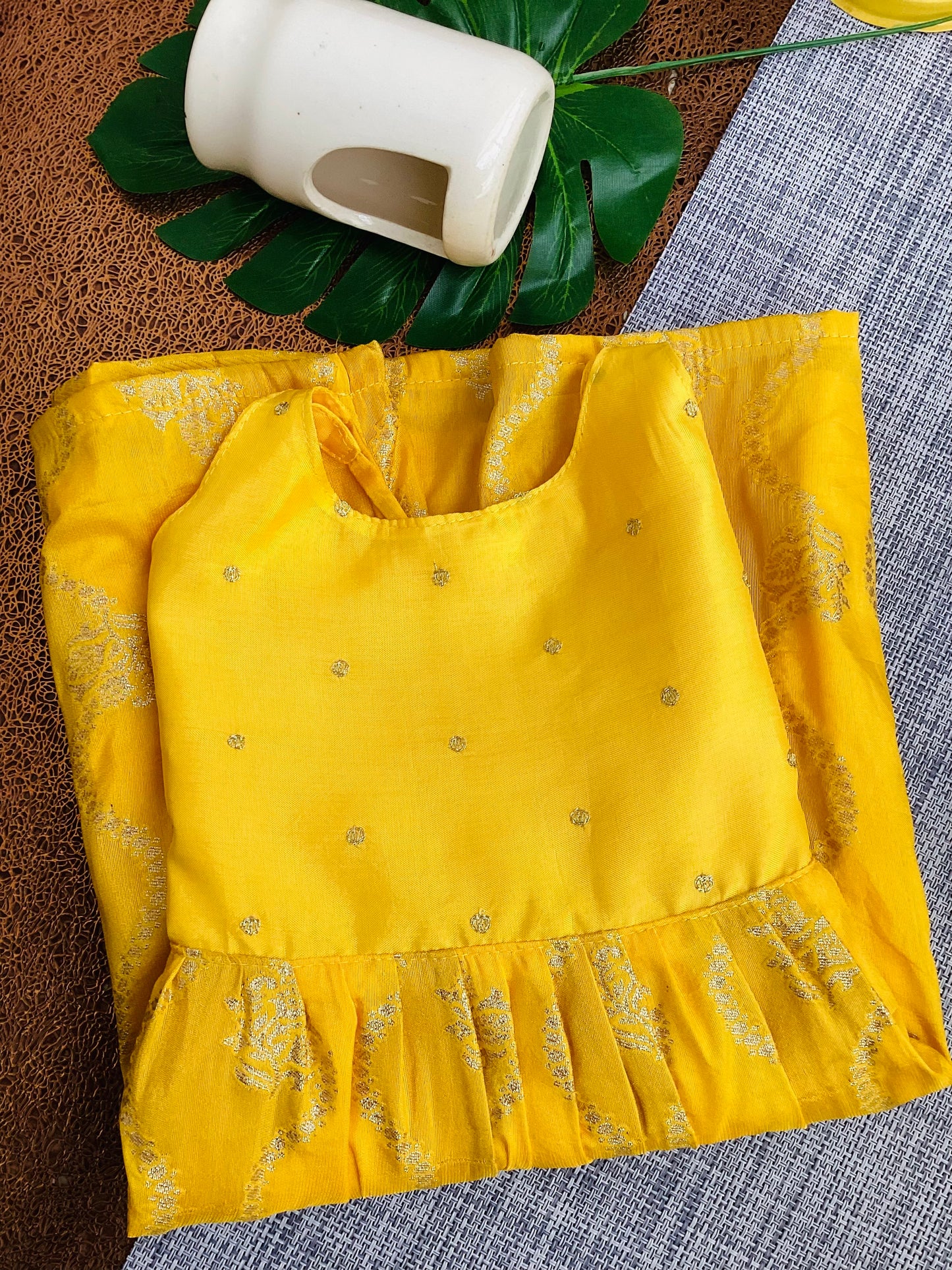 Yellow Banarasi Silk Frock(Lemon yellow body) - Perfect Traditional Wear