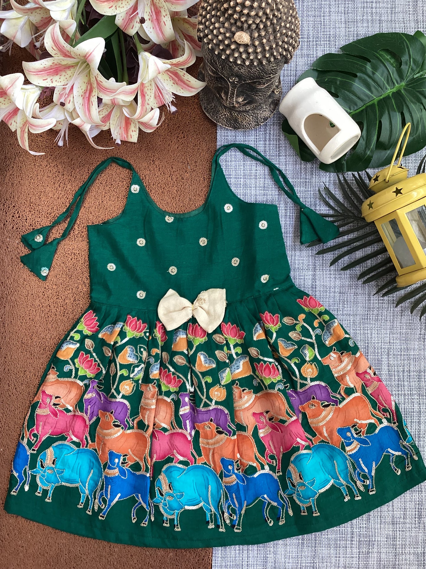 Green Pure Natural Crepe Pichwai Print Sequin Frock - Perfect for Special Occasions