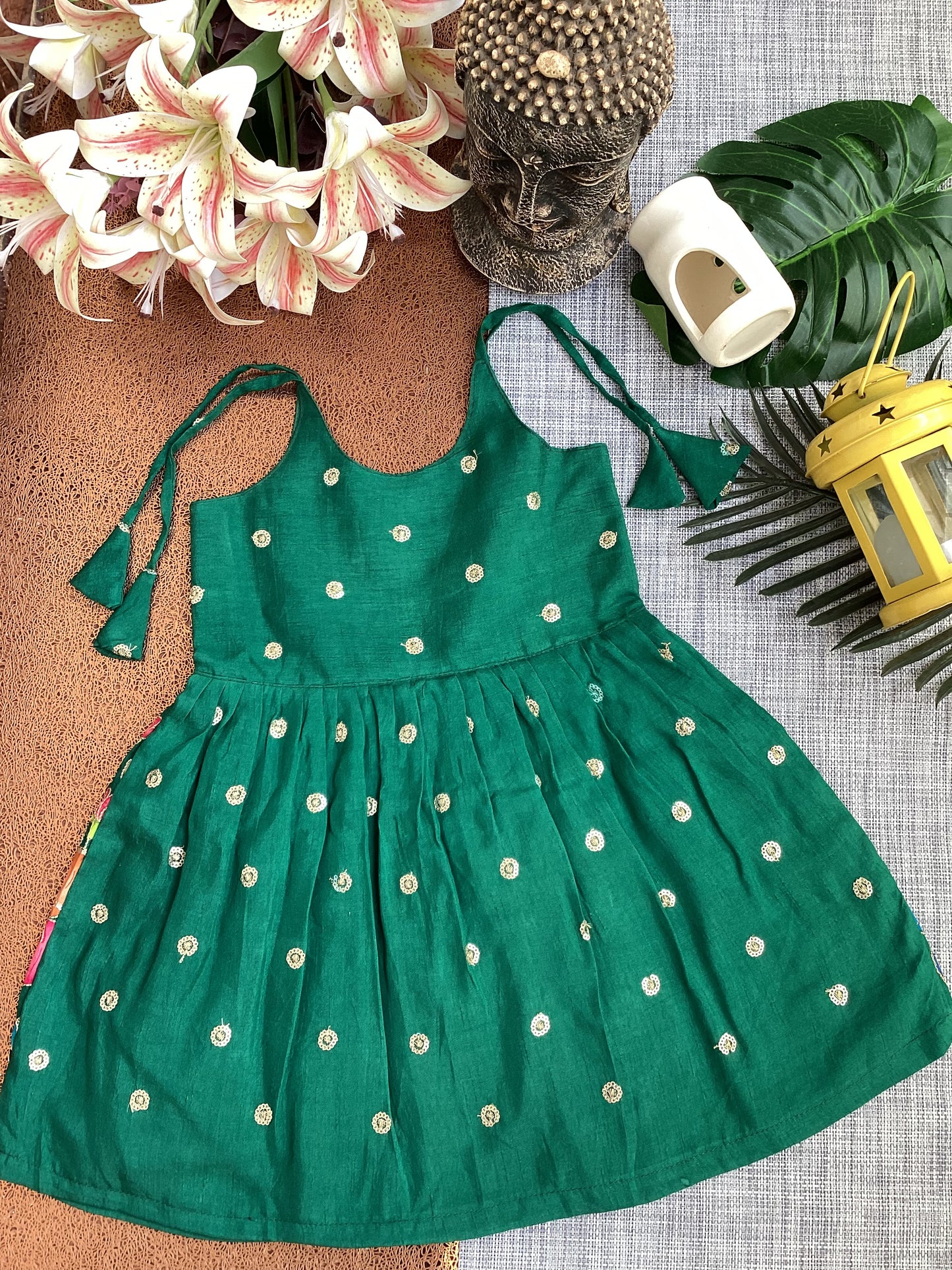 Green Pure Natural Crepe Pichwai Print Sequin Frock - Perfect for Special Occasions