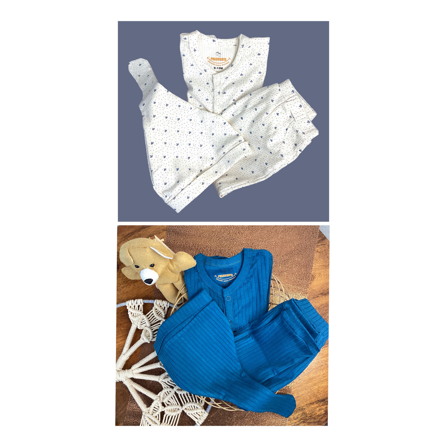 Set of 2 Combo Blue Stripes & Cream Floral Sleep Suits with Hat