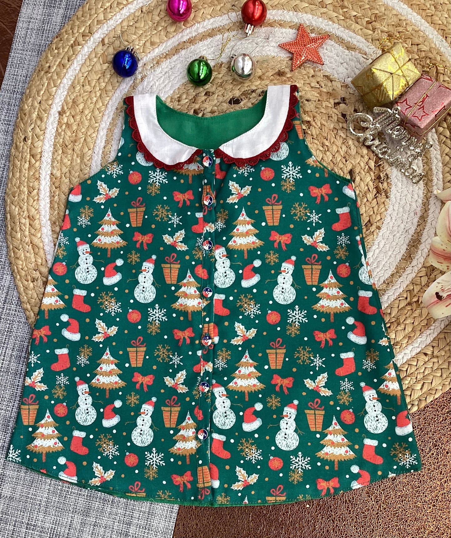 Christmas Winter-Themed Green A-Line Baby Dress with Peter Pan Collar