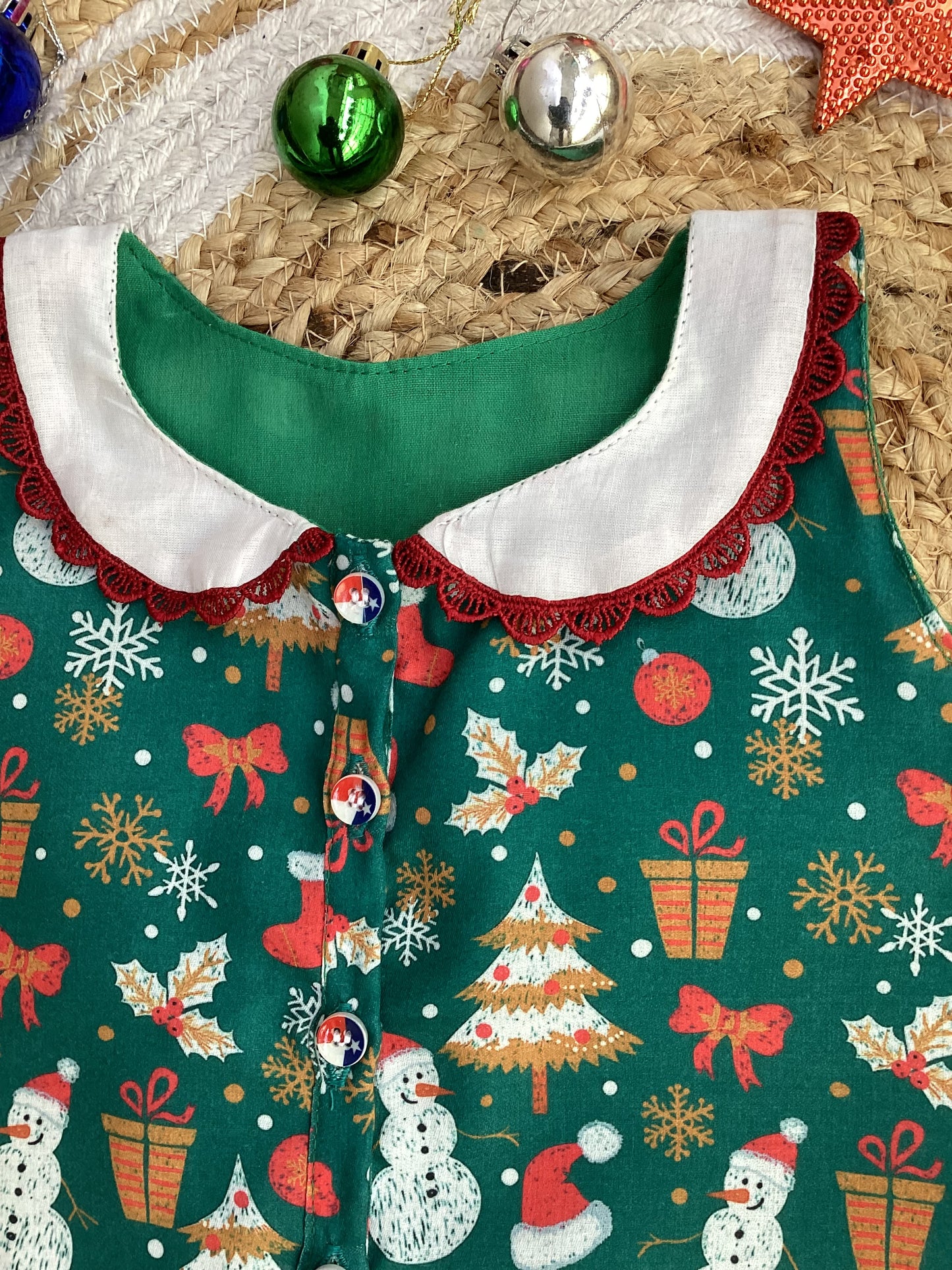 Christmas Winter-Themed Green A-Line Baby Dress with Peter Pan Collar