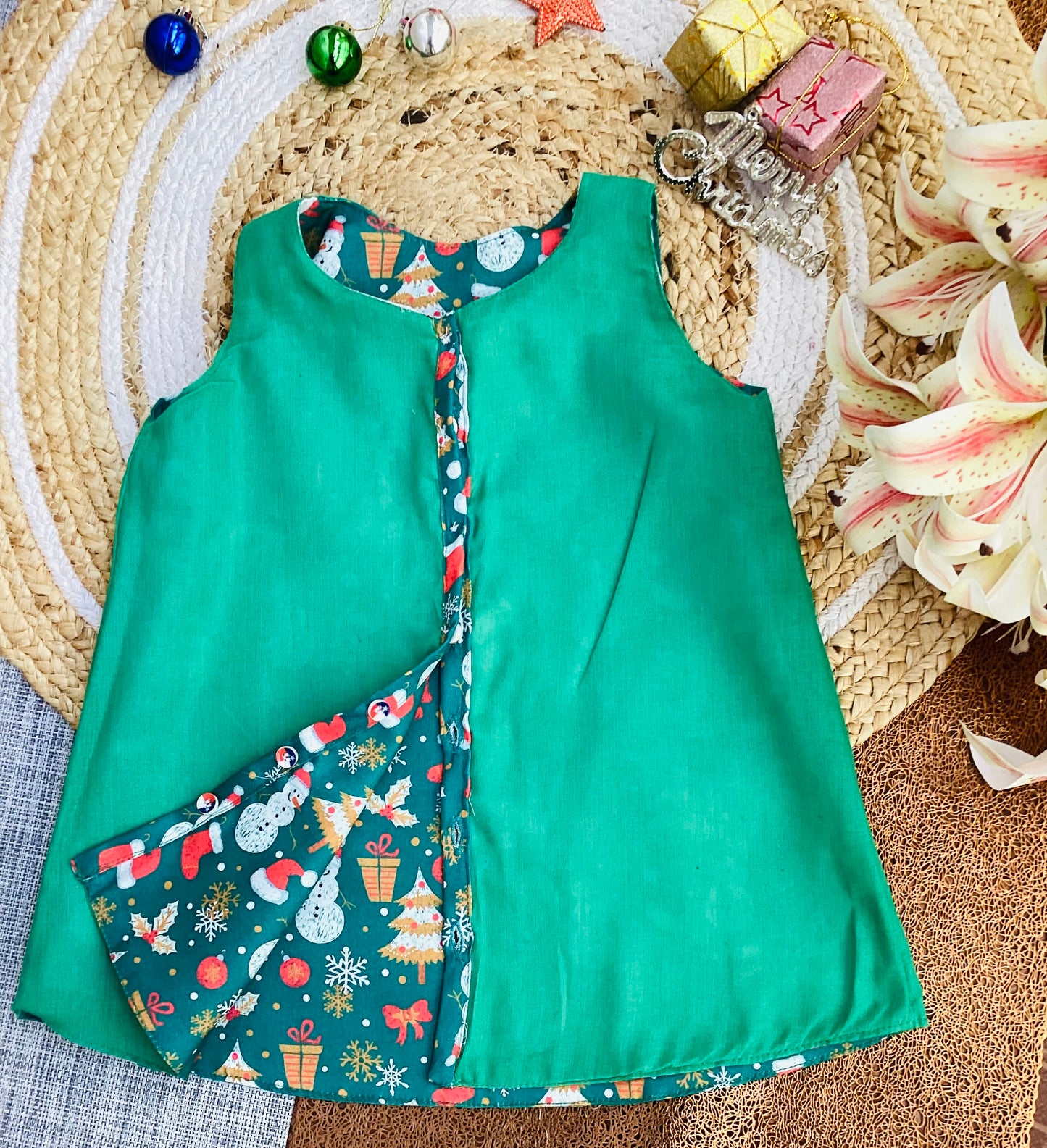 Christmas Winter-Themed Green A-Line Baby Dress with Peter Pan Collar