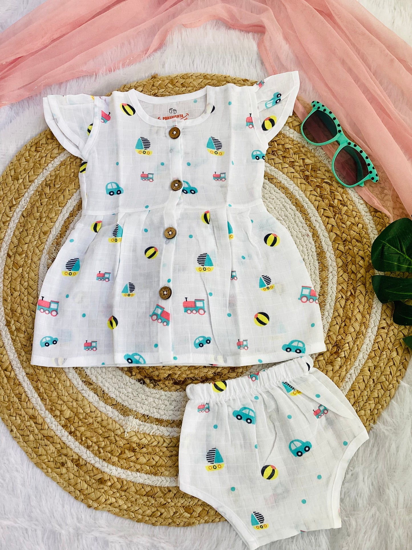 MUSLIN BUTTON FROCK, BLOOMER SET (Beep) - 100%MUSLIN COTTON