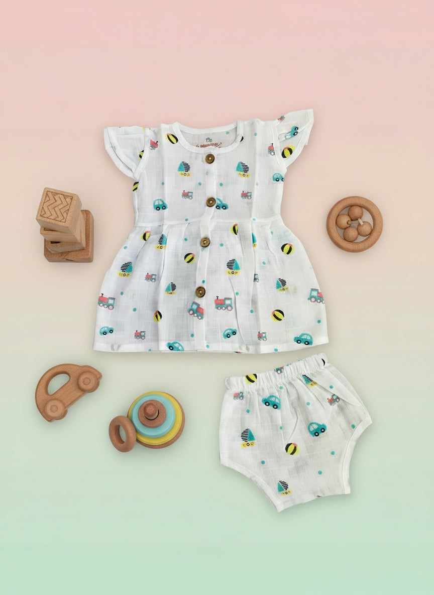 MUSLIN BUTTON FROCK WITH BLOOMER-BUS,BEEP (SET OF 2) - 100%MUSLIN COTTON