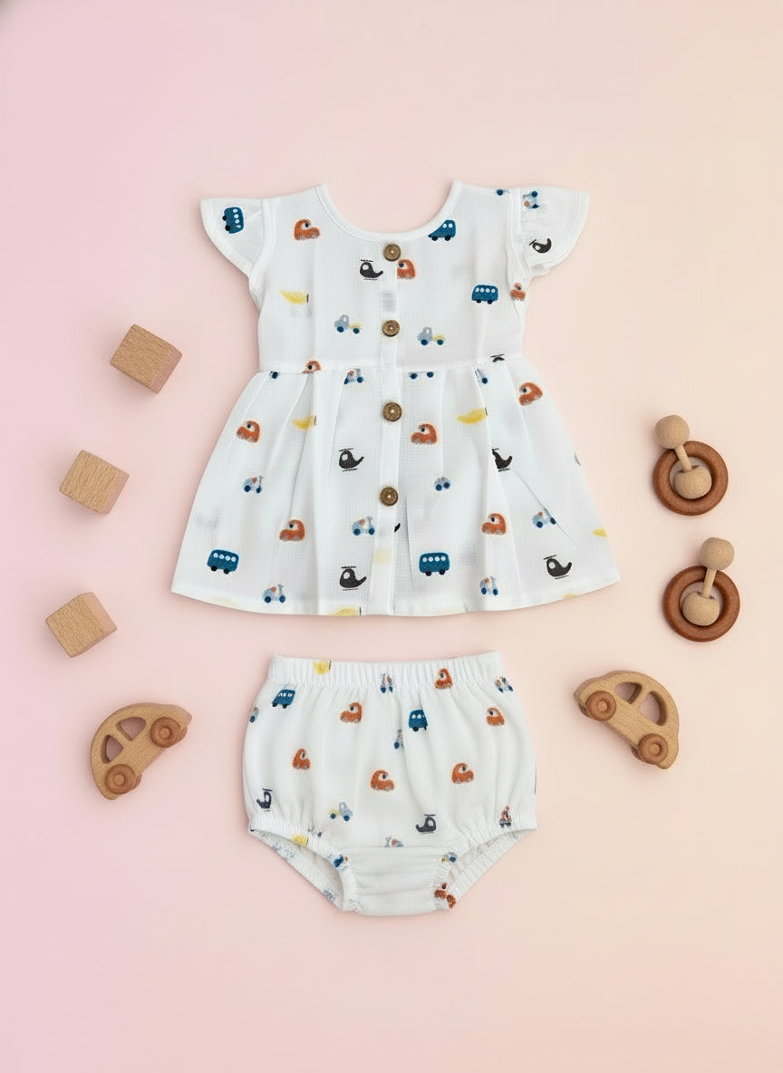 MUSLIN BUTTON FROCK WITH BLOOMER SET (Bus) - 100%MUSLIN COTTON
