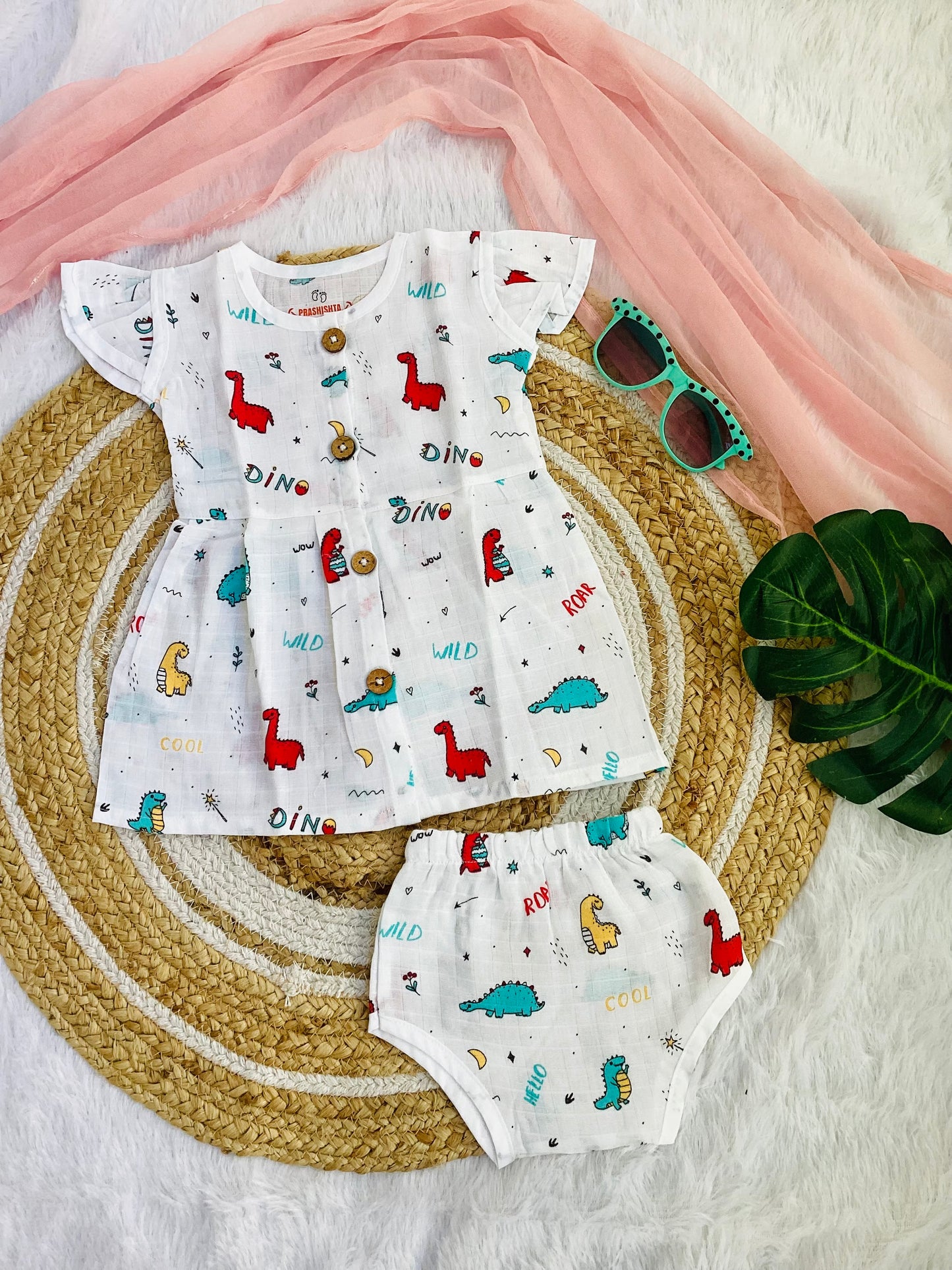 MUSLIN BUTTON FROCK, BLOOMER SET (Dino) - 100%MUSLIN COTTON