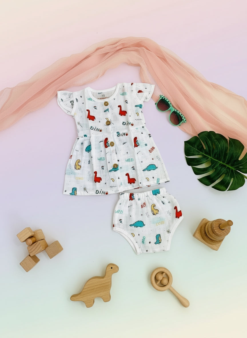 MUSLIN BUTTON FROCK, BLOOMER SET (Dino) - 100%MUSLIN COTTON