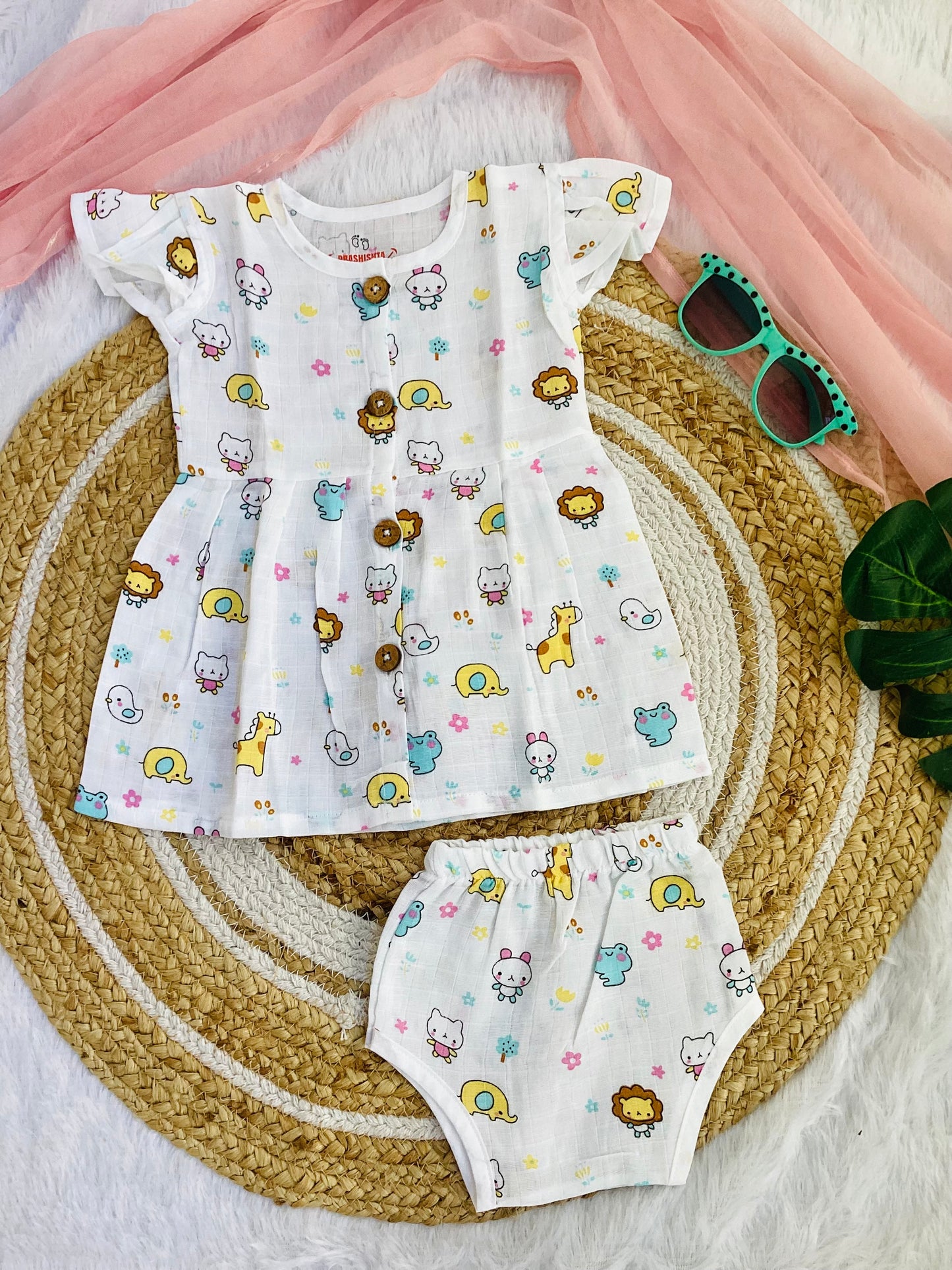 MUSLIN BUTTON FROCK WITH BLOOMER-LION,DINO (SET OF 2) - 100%MUSLIN COTTON