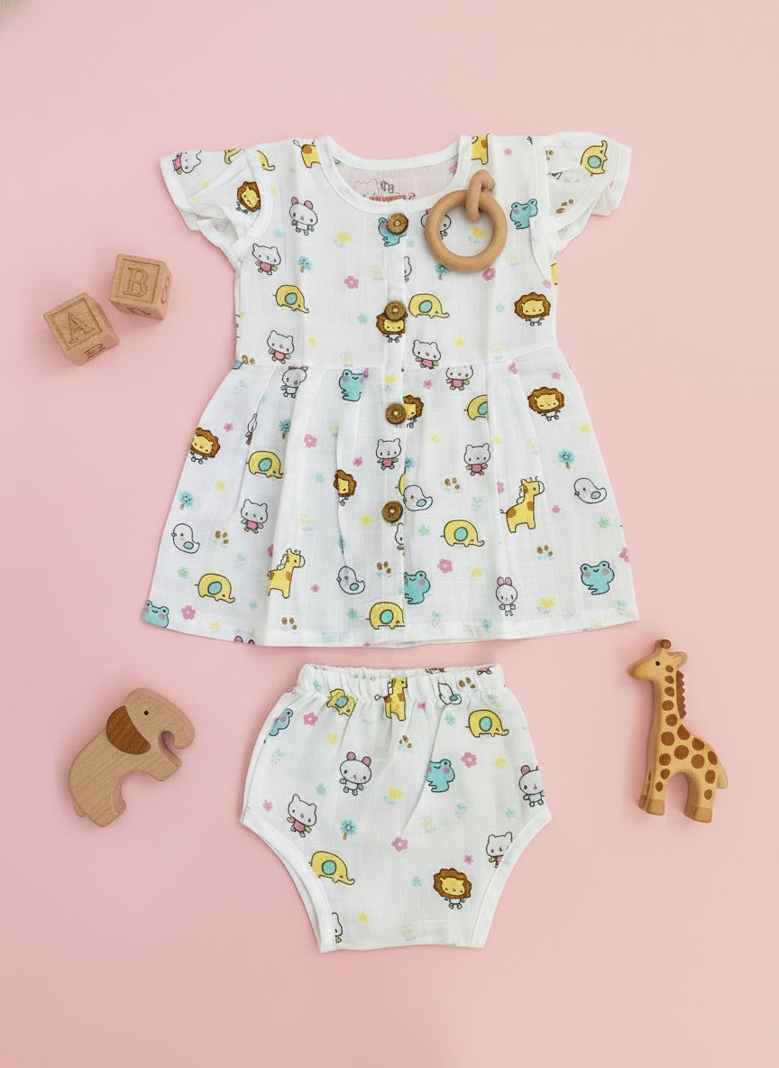 MUSLIN BUTTON FROCK, BLOOMER SET (Lion) - 100%MUSLIN COTTON
