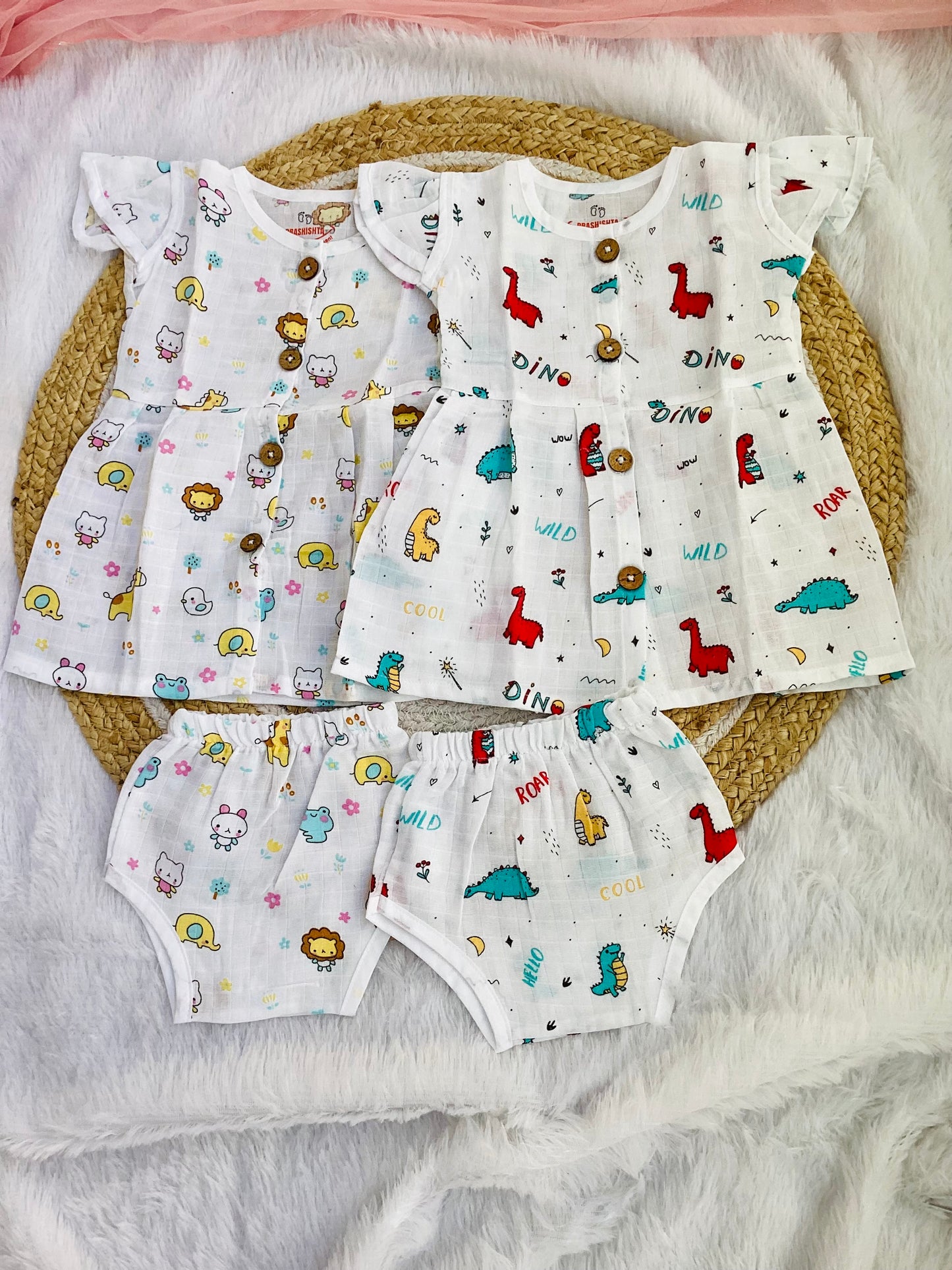MUSLIN BUTTON FROCK WITH BLOOMER-LION,DINO (SET OF 2) - 100%MUSLIN COTTON