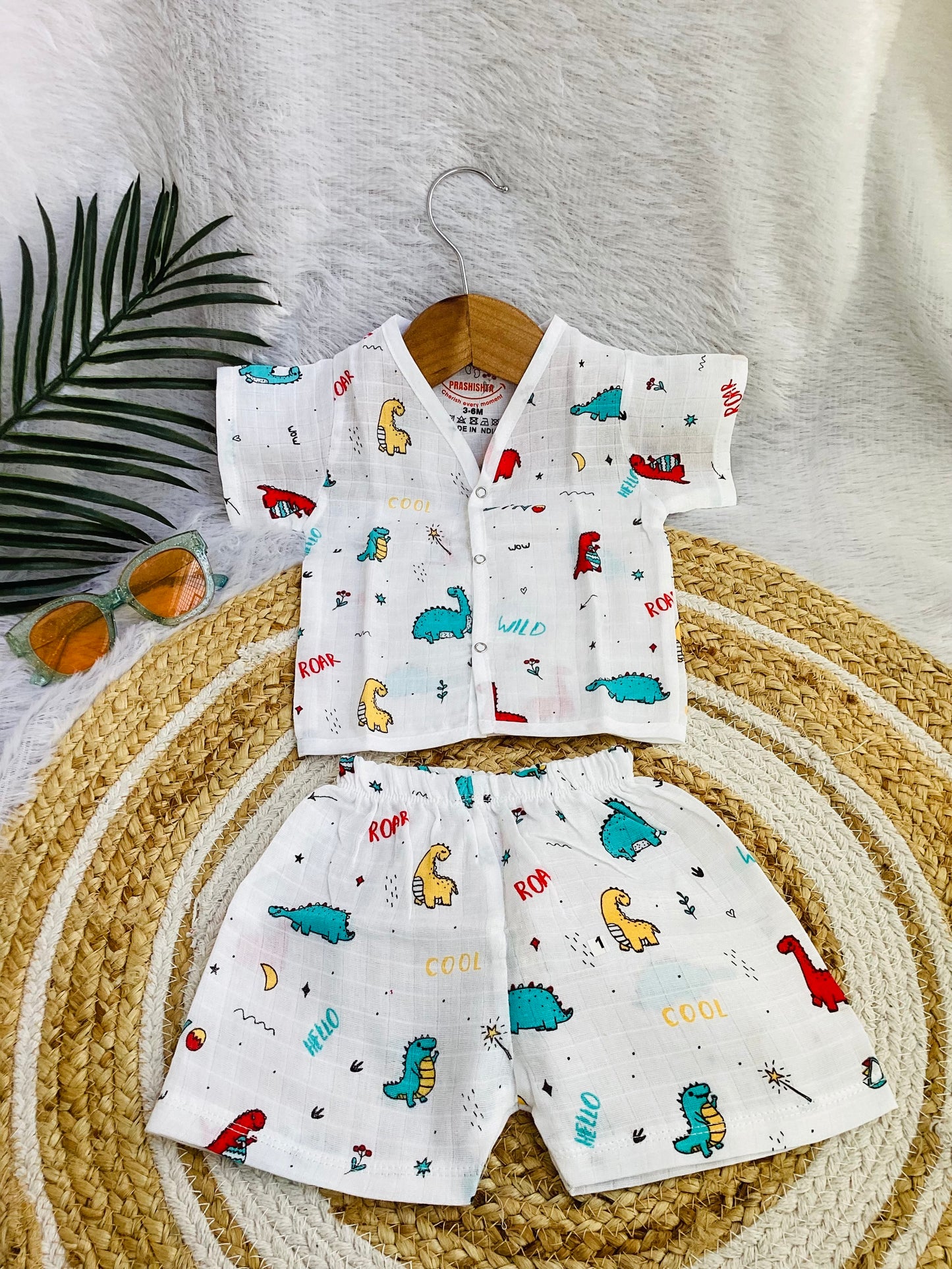 MUSLIN SHIRT & SHORT WITH EXTRA PANT(3 PIECE SET)-Dino print
