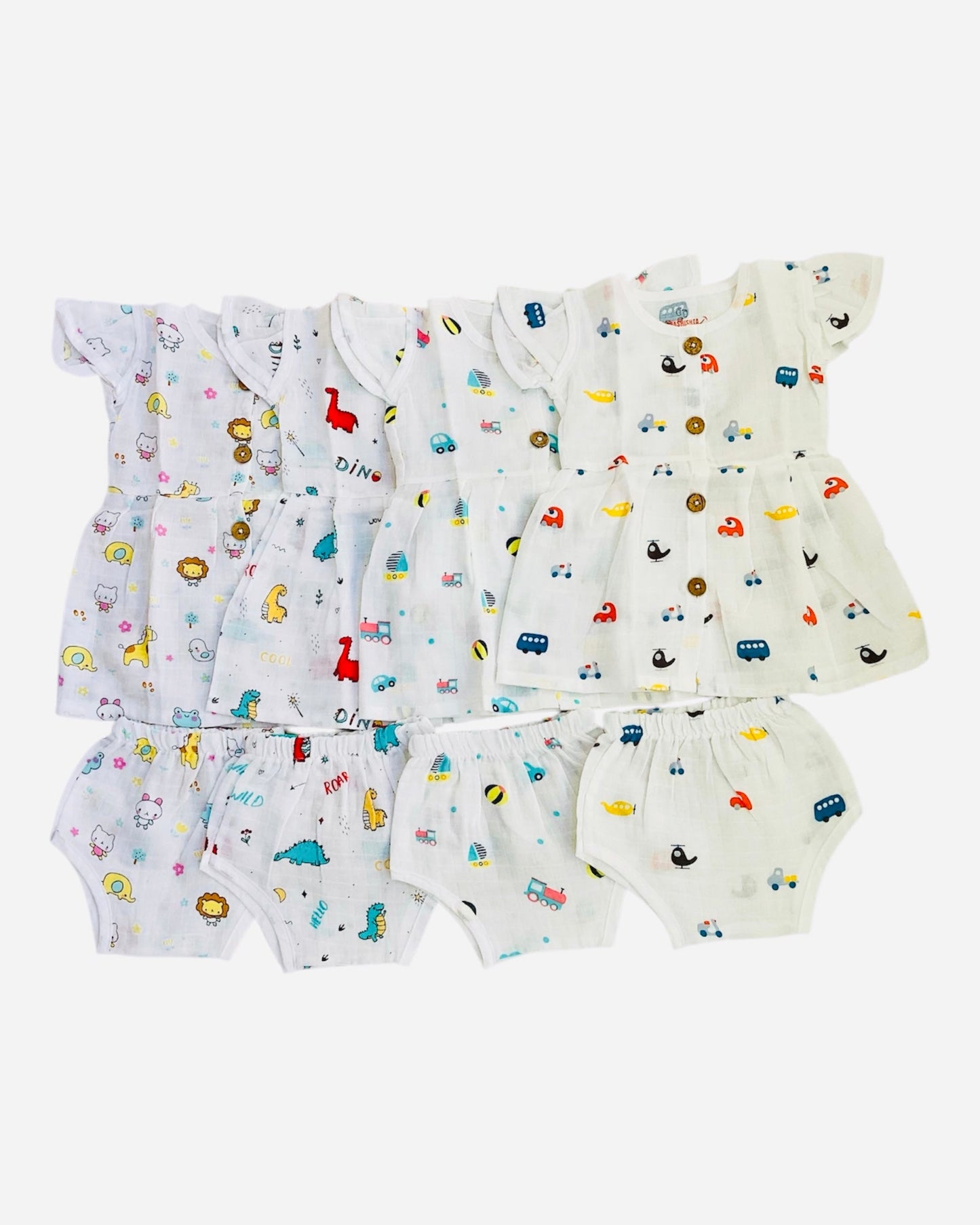 MUSLIN BUTTON FROCK WITH BLOOMER (SET OF 4) - 100%MUSLIN COTTON