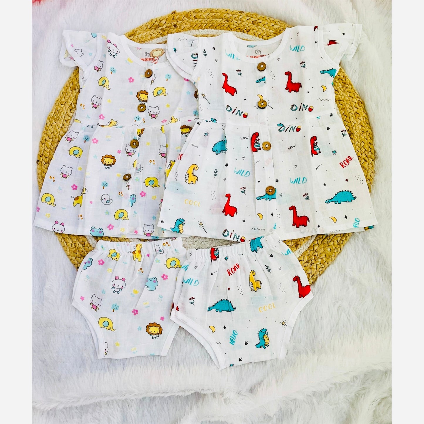 MUSLIN BUTTON FROCK WITH BLOOMER-LION,DINO (SET OF 2) - 100%MUSLIN COTTON