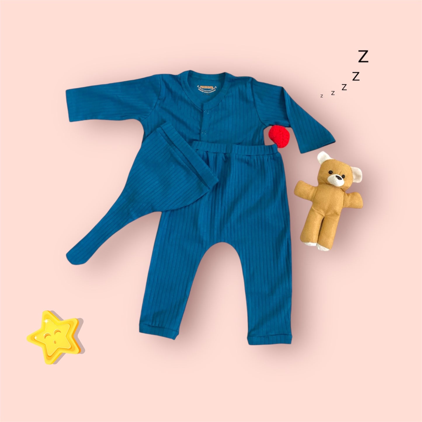 Blue Stripes Sleep Suits with Beanie(Knot Hat)