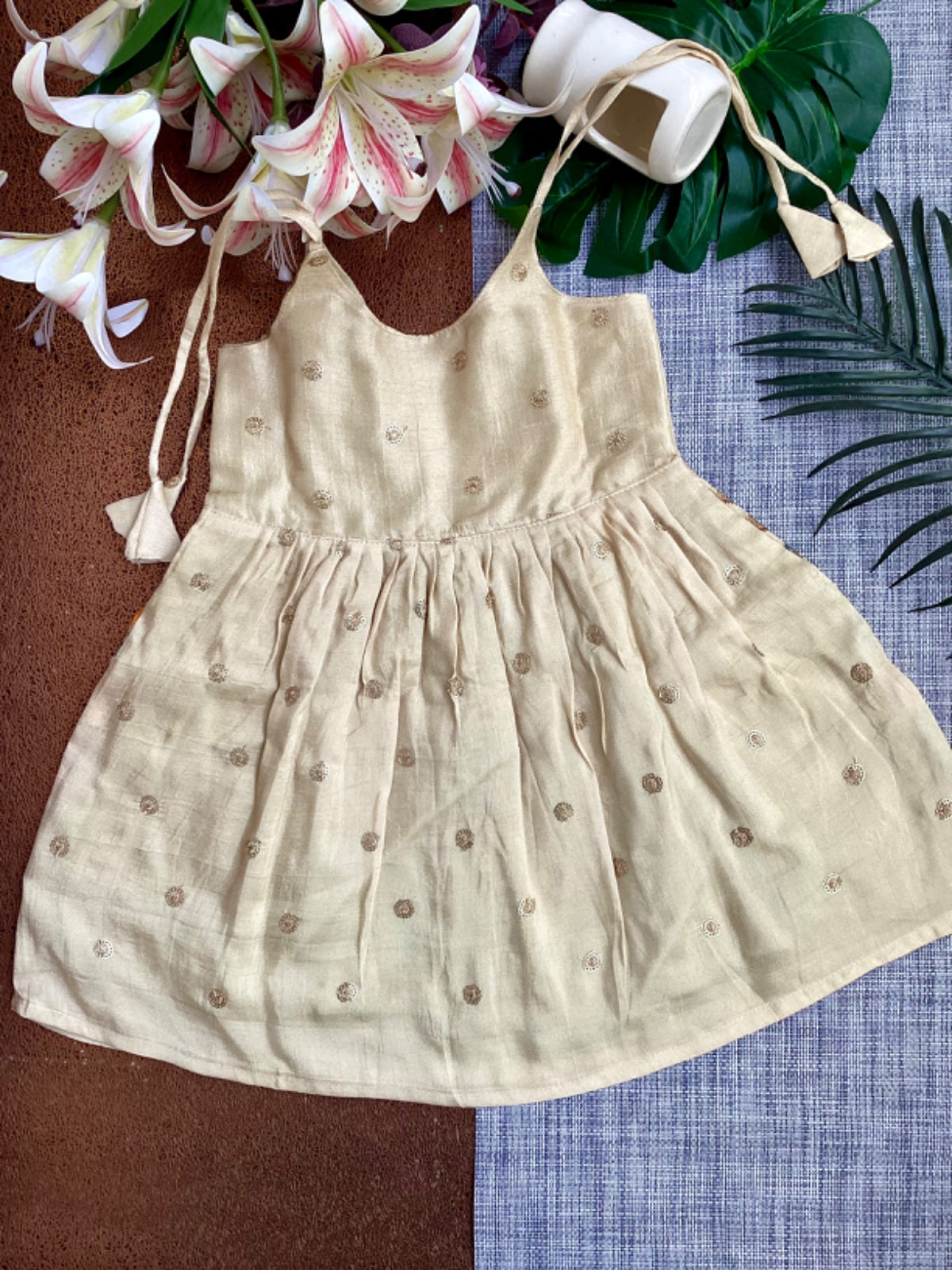 Cream Pure Natural Crepe Pichwai Print Sequin Frock - Perfect for Special Occasions