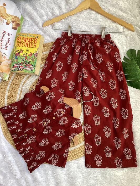 Maroon Bloom Cotton Plazo Cord Set