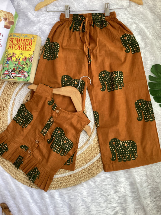 Rust Elephant Cotton Top & Plazo Set