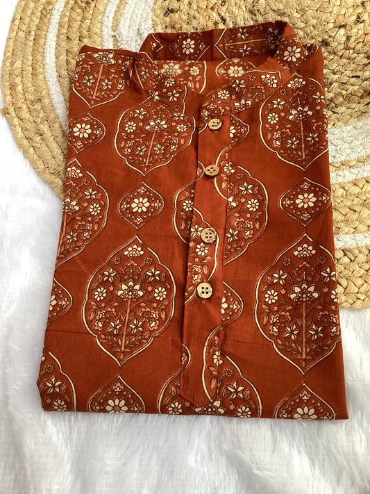 Rust Traditional Print Kurta Pyjama Set