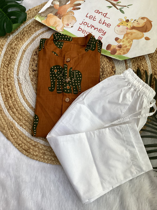 Brown Elephant Print Kurta Pyjama
