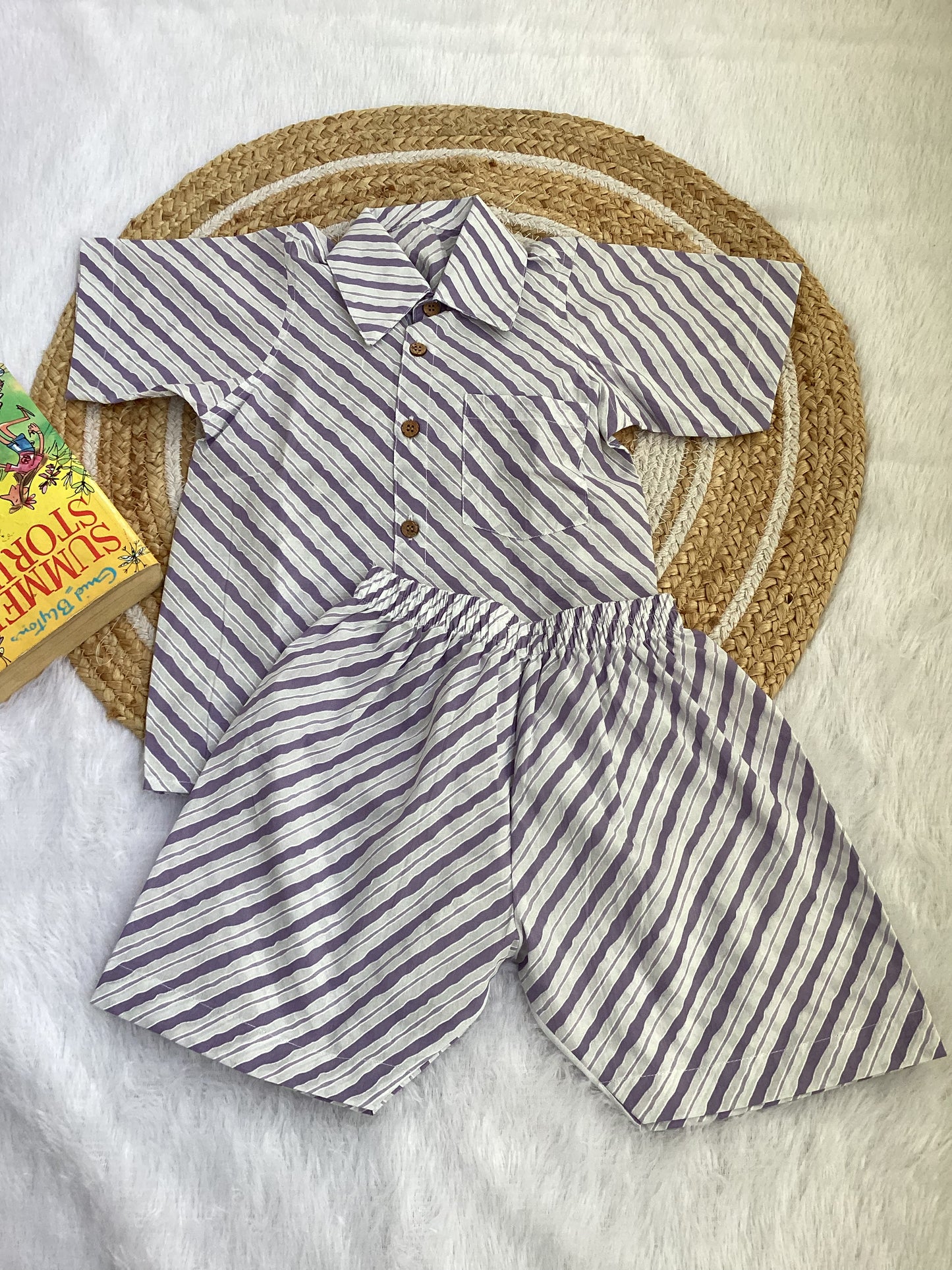 Lavender Stripe Boy Cotton Shirt & Shorts Set