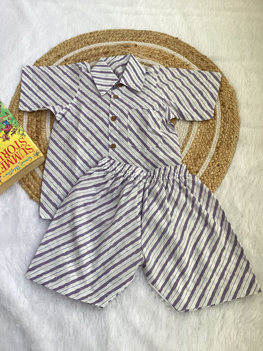 Lavender Stripe Boy Cotton Shirt & Shorts Set
