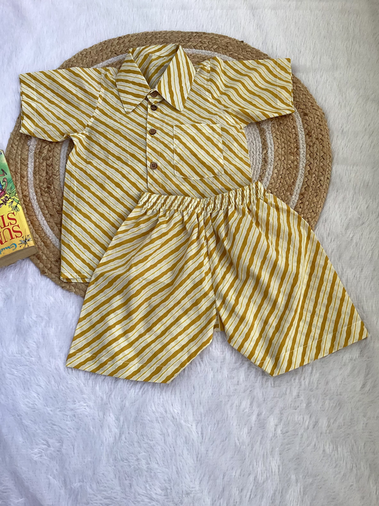 Yellow Stripe Boy Cotton Shirt & Shorts Set