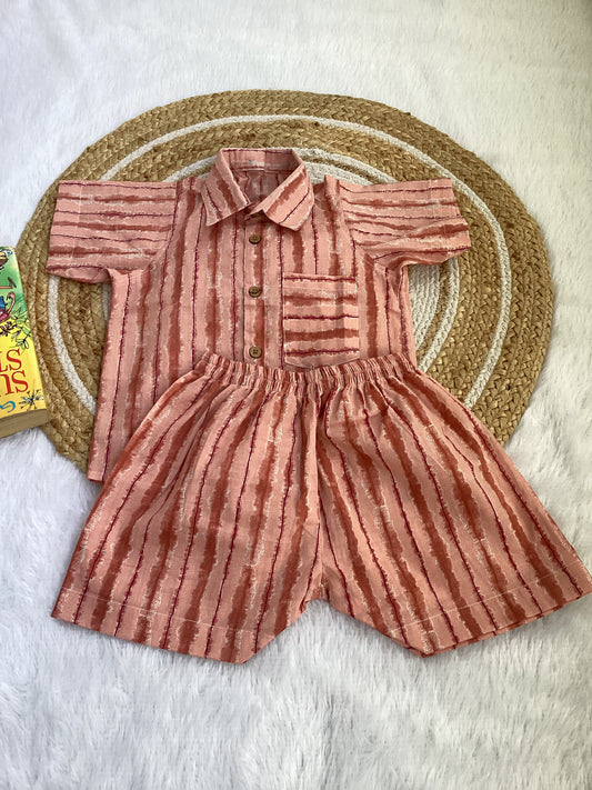 Rust Stripe Boy Cotton Shirt & Shorts Set
