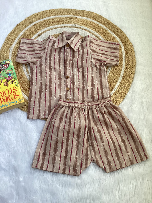 Beige Stripe Boy Cotton Shirt & Shorts Set
