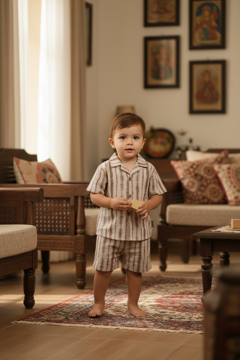 Beige Stripe Boy Cotton Shirt & Shorts Set