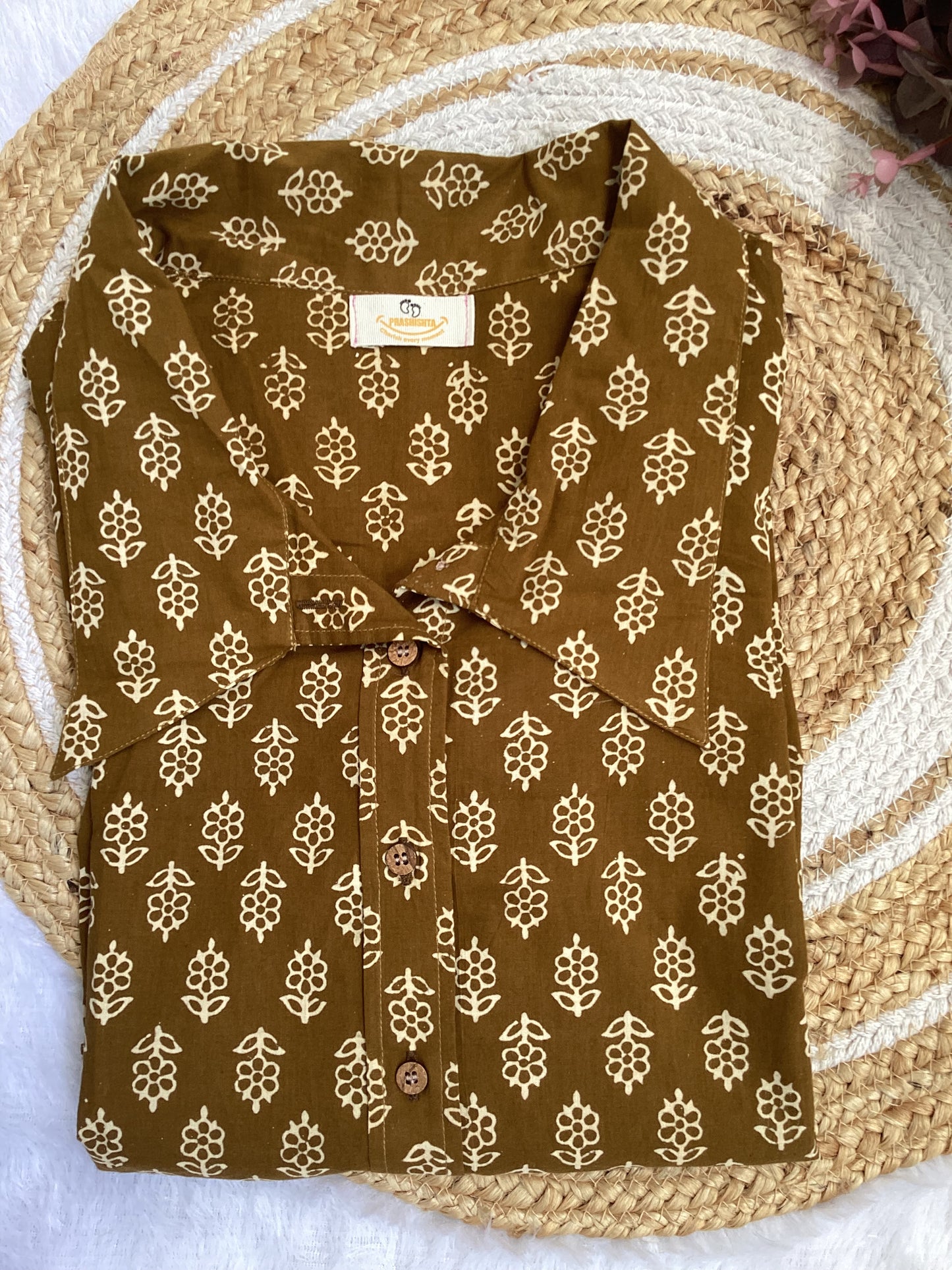 Olive Block Print Cotton Shirt