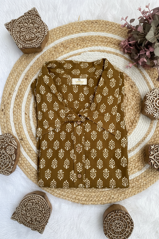 Olive Block Print Cotton Shirt