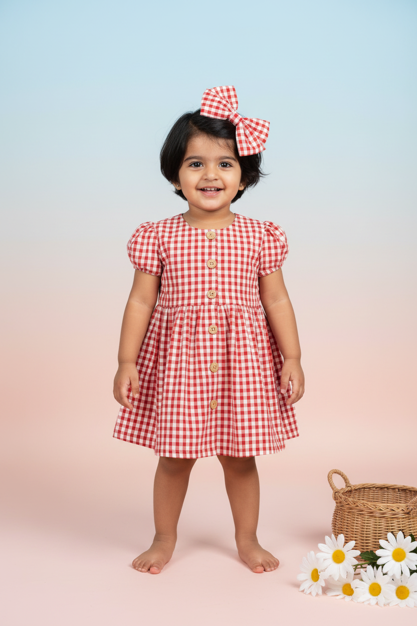 Classic Red Gingham Mul Cotton Frock with Matching Bow