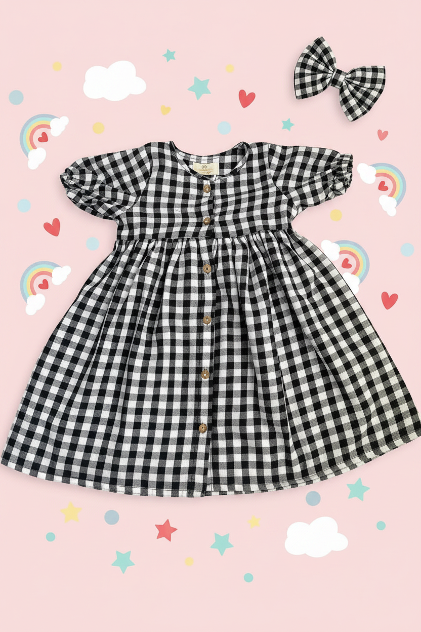 Classic Black Gingham Mul Cotton Frock with Matching Bow