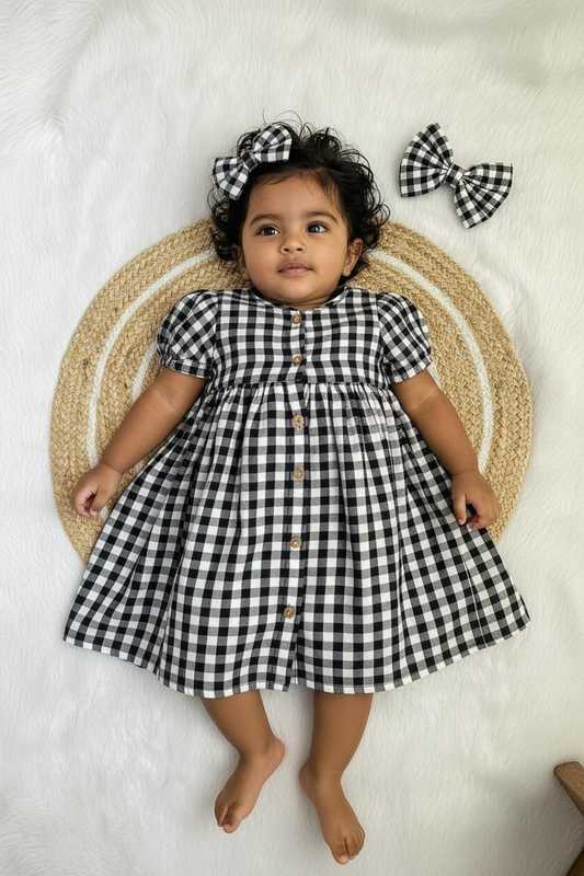 Classic Black Gingham Mul Cotton Frock with Matching Bow