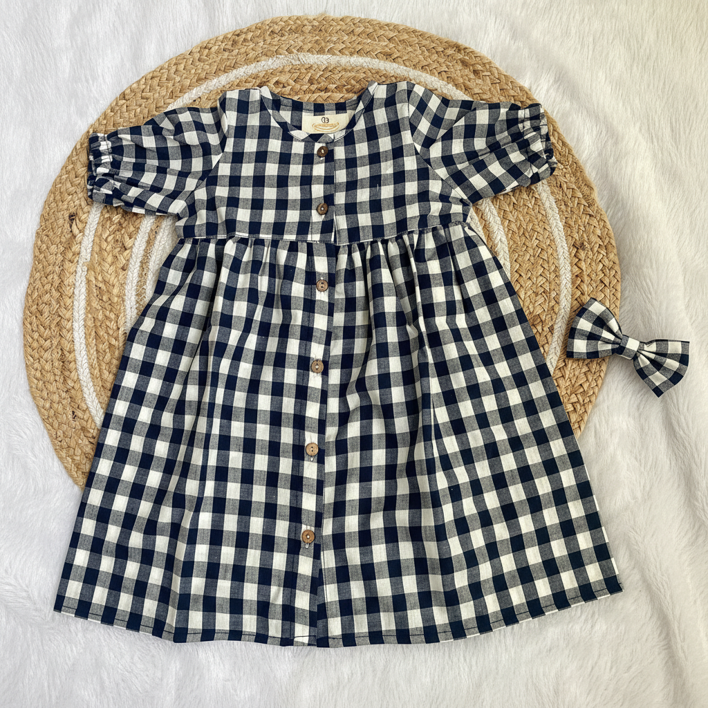Classic Navy Gingham Mul Cotton Frock with Matching Bow