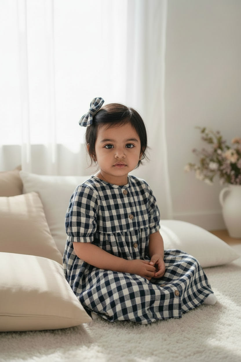 Classic Navy Gingham Mul Cotton Frock with Matching Bow