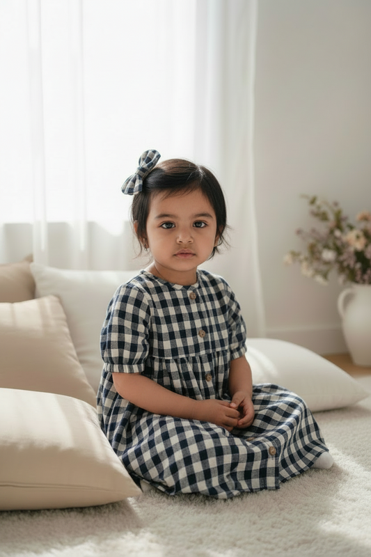Classic Navy Gingham Mul Cotton Frock with Matching Bow
