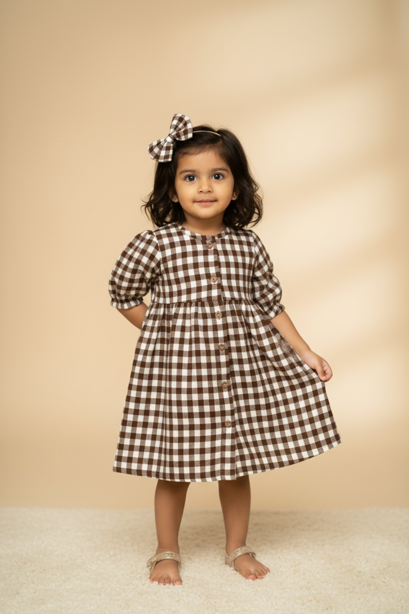 Classic Brown Gingham Twill Cotton Frock with Matching Bow