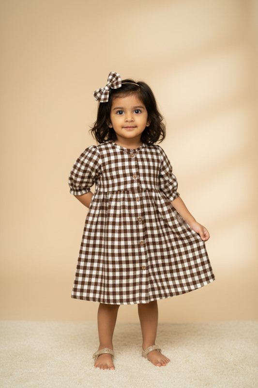 Classic Brown Gingham Twill Cotton Frock with Matching Bow